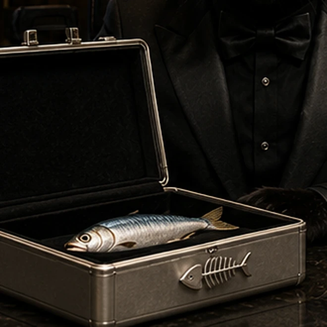 The open case: one priceless sardine on black velvet.