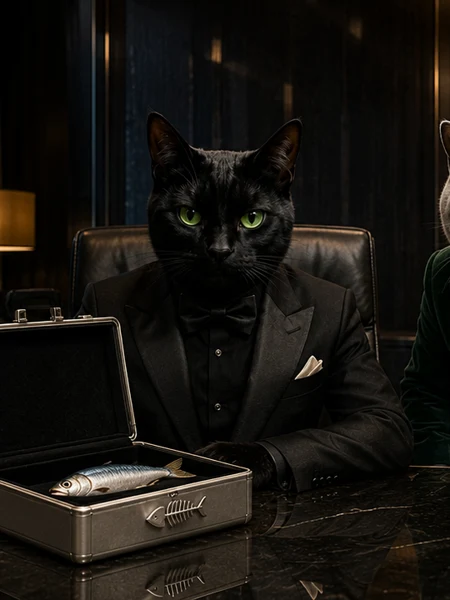 Onyx, a black cat in a black double-breasted tuxedo, with the silver case.