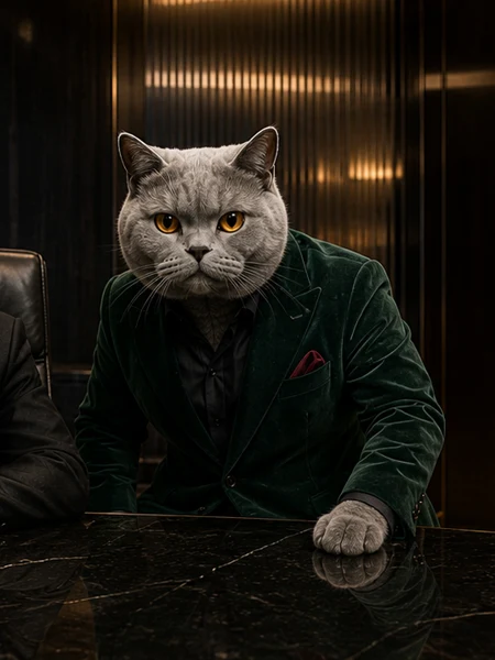 Sterling, a grey British Shorthair in a dark green velvet suit.