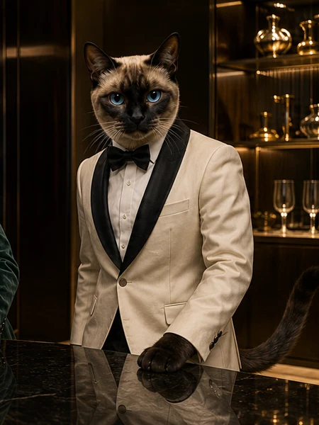 Porcelain, a Siamese cat in an ivory dinner jacket.