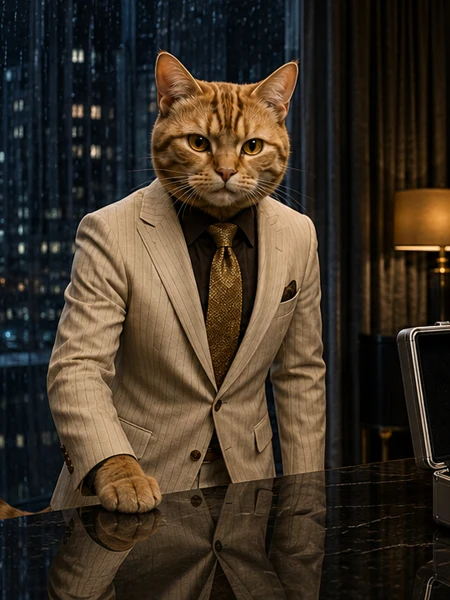 Marmalade, an orange tabby in a cream pinstripe suit and gold tie.